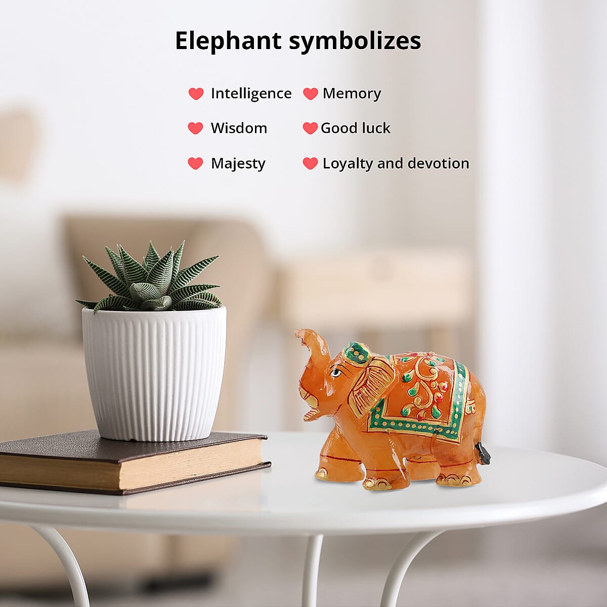 Hand Crafted & Hand Painted Natural Orange Aventurine Decorative Elephant Figurine - Orange image number 3
