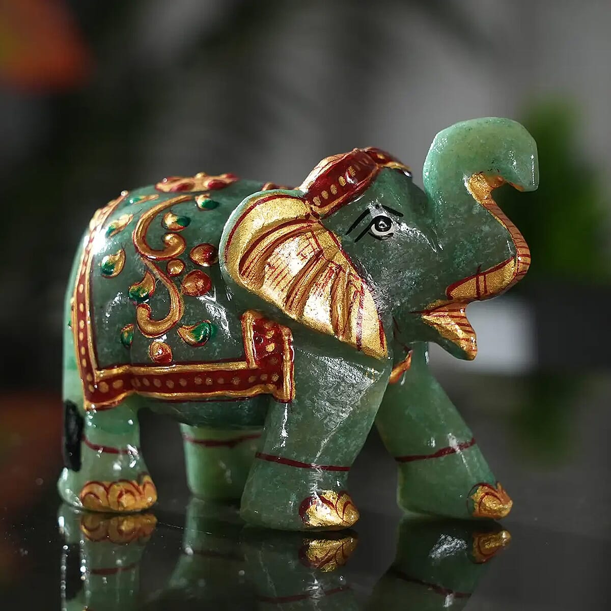 Hand Crafted & Hand Painted Green Aventurine Decorative Elephant Figurine - Green image number 1