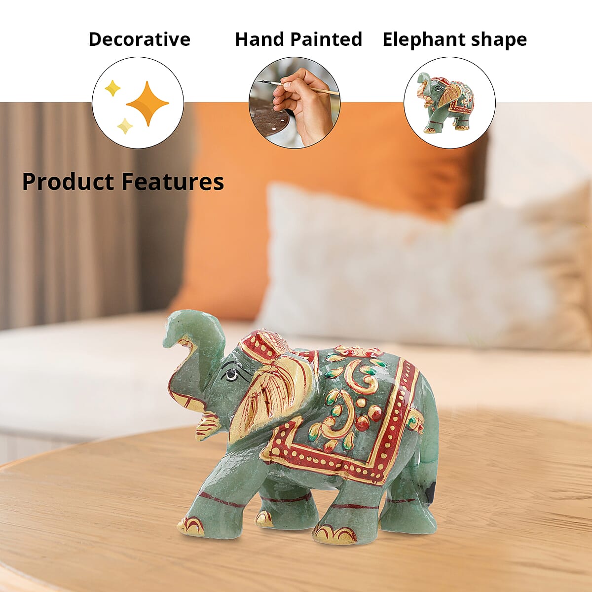 Hand Crafted & Hand Painted Green Aventurine Decorative Elephant Figurine - Green image number 2