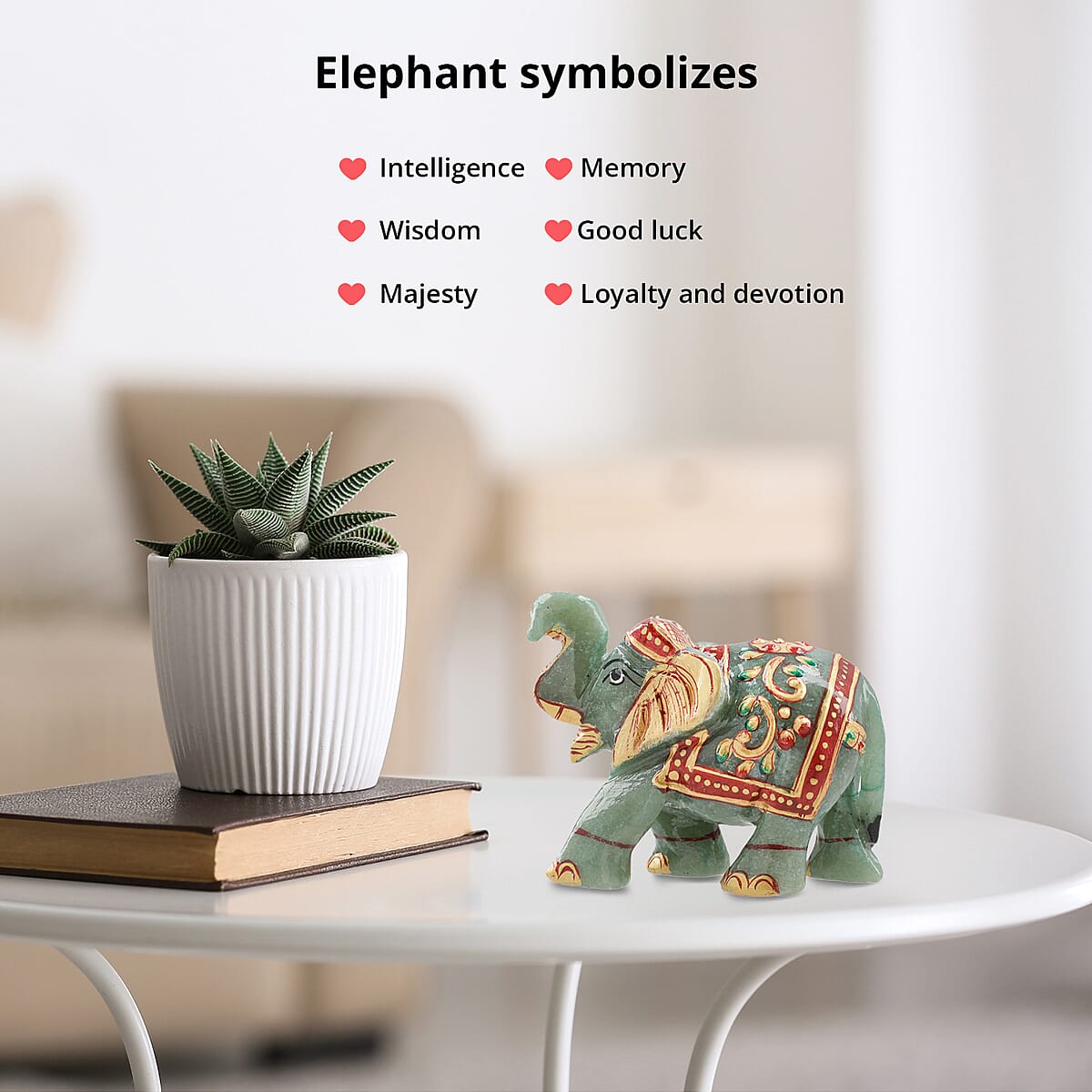 Hand Crafted & Hand Painted Green Aventurine Decorative Elephant Figurine - Green image number 3