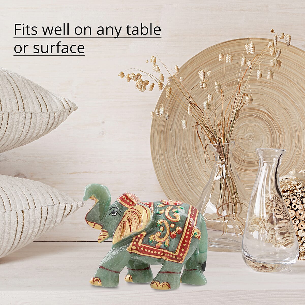 Hand Crafted & Hand Painted Green Aventurine Decorative Elephant Figurine - Green image number 4