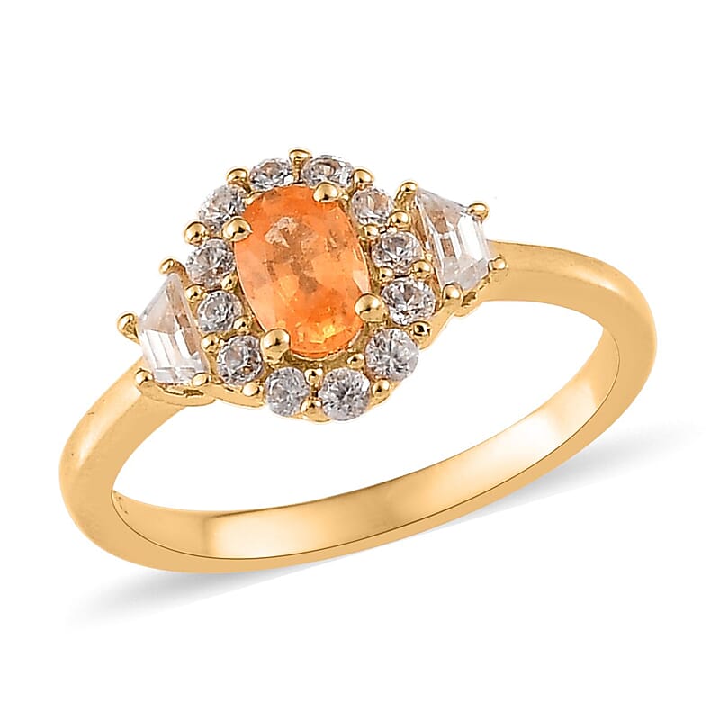 Premium Viceroy Spessartine Garnet and White Zircon Halo Ring in Vermeil Yellow Gold Over Sterling Silver (Size 10.0) 1.25 ctw