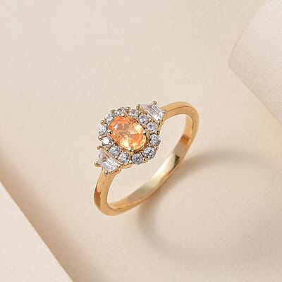 Premium Viceroy Spessartine Garnet and White Zircon Halo Ring in Vermeil Yellow Gold Over Sterling Silver (Size 10.0) 1.25 ctw