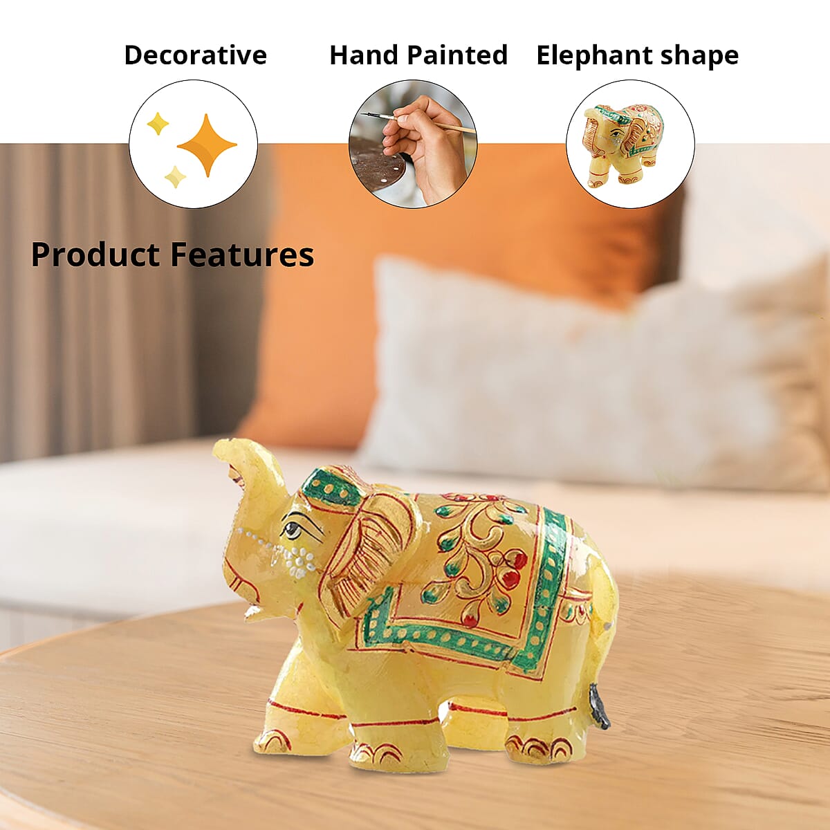 Hand Crafted & Hand Painted Natural Yellow Aventurine Decorative Elephant Figurine - Yellow image number 2