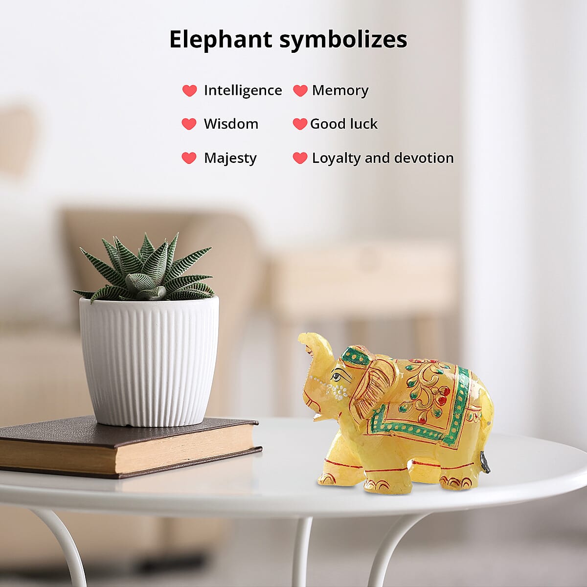 Hand Crafted & Hand Painted Natural Yellow Aventurine Decorative Elephant Figurine - Yellow image number 3