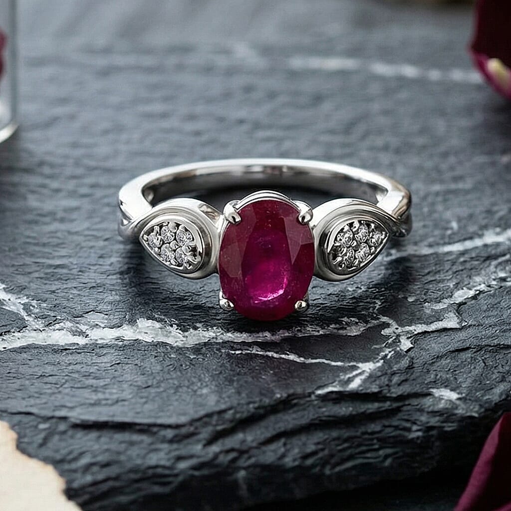 Nissa Ruby (FF) and White Zircon 2.60 ctw Ring in Platinum Over Sterling Silver (Size 5.5)