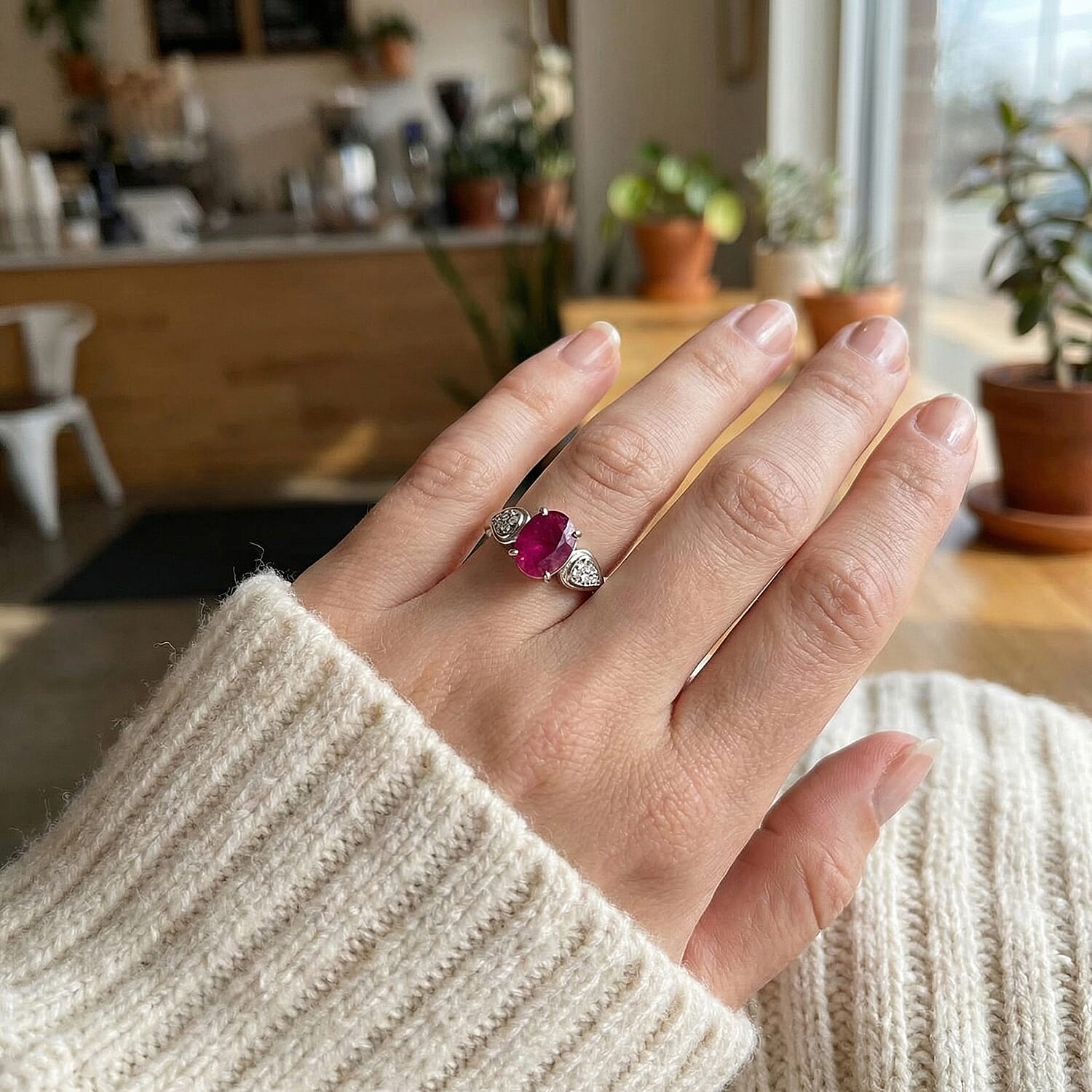 Nissa Ruby (FF) and White Zircon 2.60 ctw Ring in Platinum Over Sterling Silver (Size 5.5)