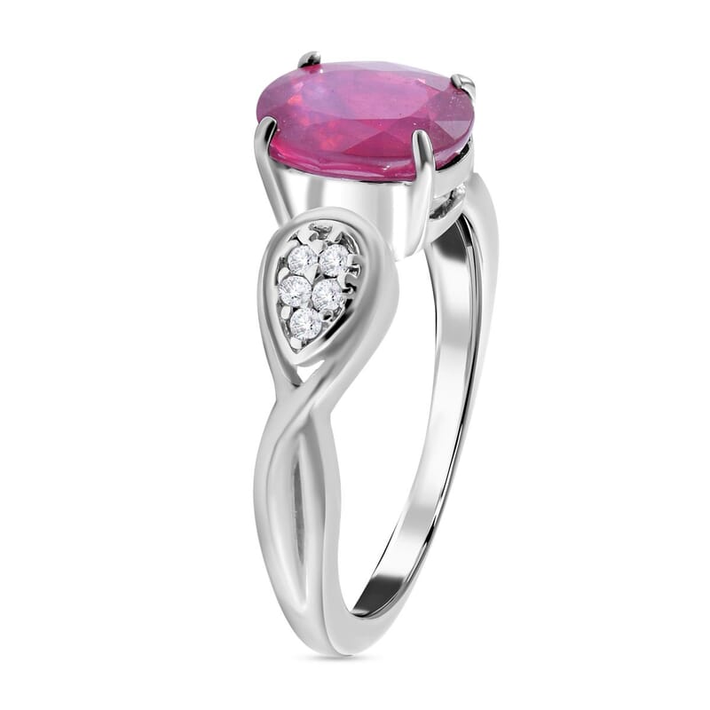 Nissa Ruby (FF) and White Zircon 2.60 ctw Ring in Platinum Over Sterling Silver (Size 5.5)