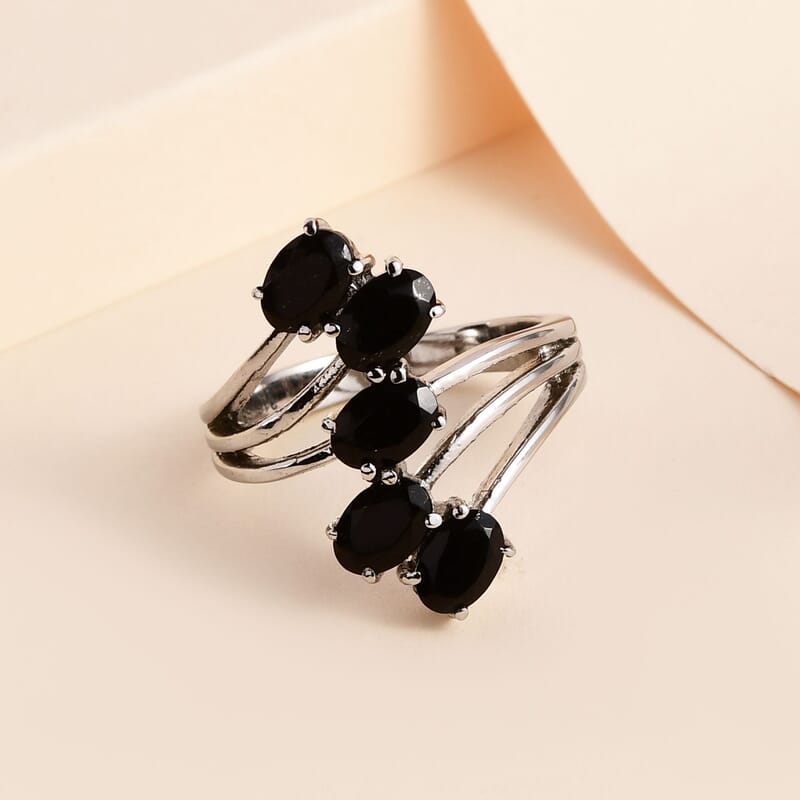 Australian Black Tourmaline 5 Stone Ring in Stainless Steel (Size 10.0) 2.25 ctw , Tarnish-Free, Waterproof, Sweat Proof Jewelry