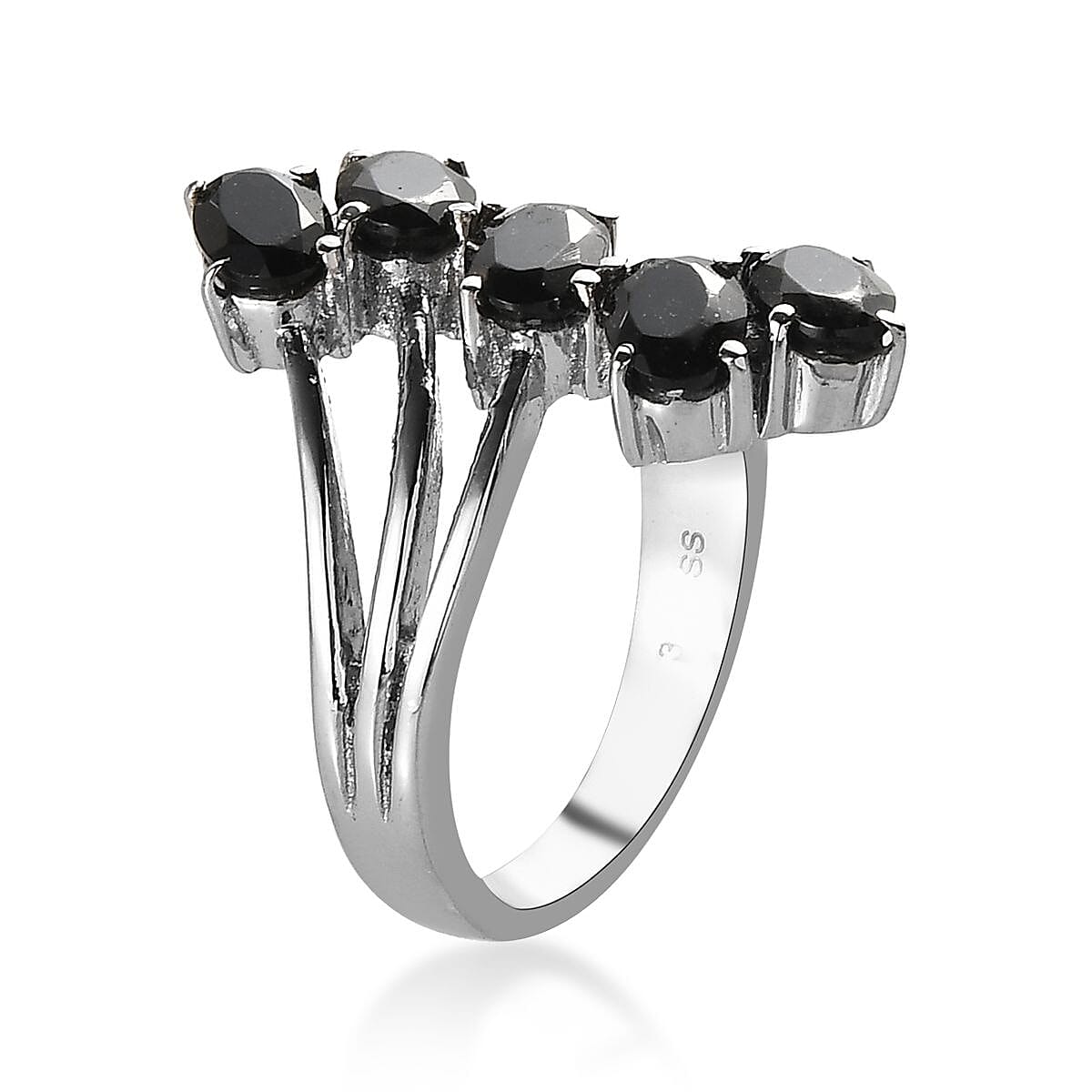 Australian Black Tourmaline 5 Stone Ring in Stainless Steel (Size 10.0) 2.25 ctw , Tarnish-Free, Waterproof, Sweat Proof Jewelry