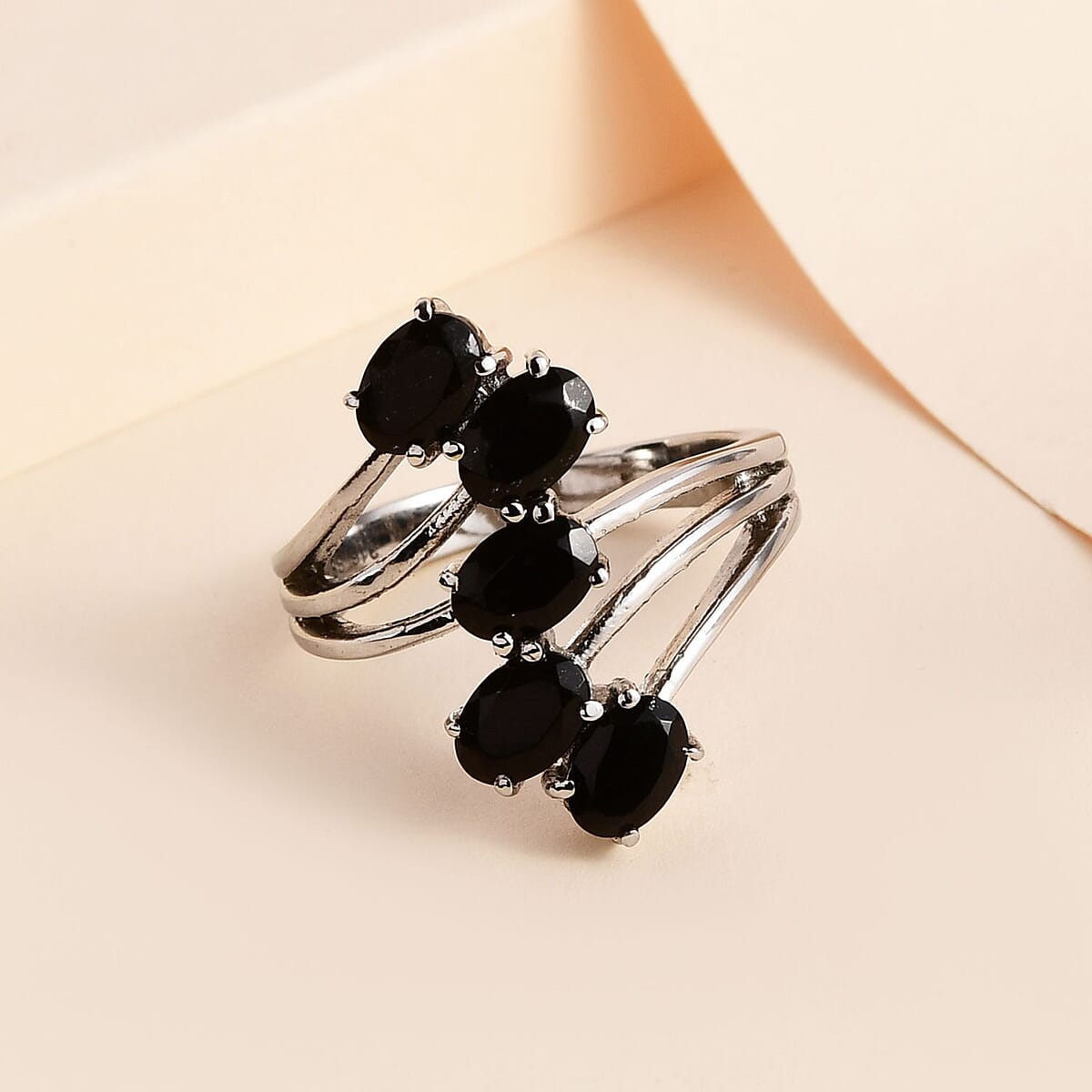 Australian Black Tourmaline 5 Stone Ring in Stainless Steel (Size 7.0) 2.25 ctw , Tarnish-Free, Waterproof, Sweat Proof Jewelry image number 1
