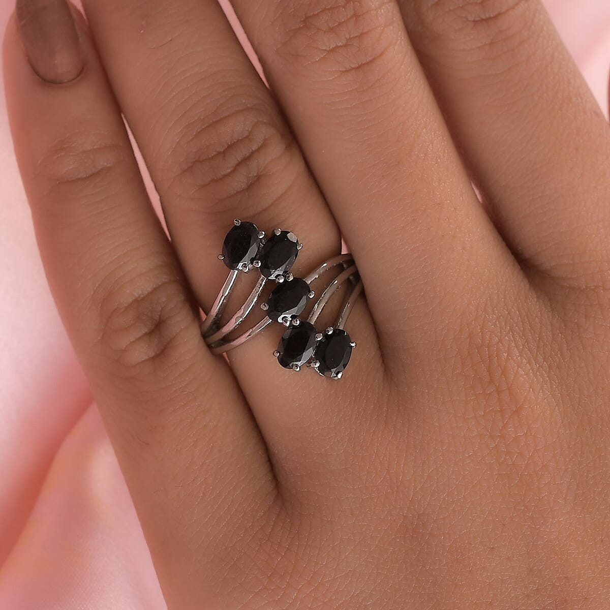 Australian Black Tourmaline 5 Stone Ring in Stainless Steel (Size 7.0) 2.25 ctw , Tarnish-Free, Waterproof, Sweat Proof Jewelry image number 2