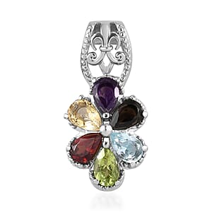 Multi Gemstone Floral Pendant in Stainless Steel 2.85 ctw , Tarnish-Free, Waterproof, Sweat Proof Jewelry