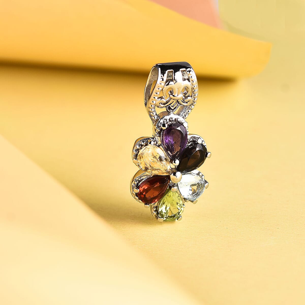 Multi Gemstone Floral Pendant in Stainless Steel 2.85 ctw , Tarnish-Free, Waterproof, Sweat Proof Jewelry image number 1