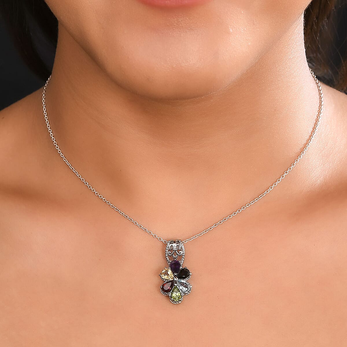 Multi Gemstone Floral Pendant in Stainless Steel 2.85 ctw , Tarnish-Free, Waterproof, Sweat Proof Jewelry image number 2