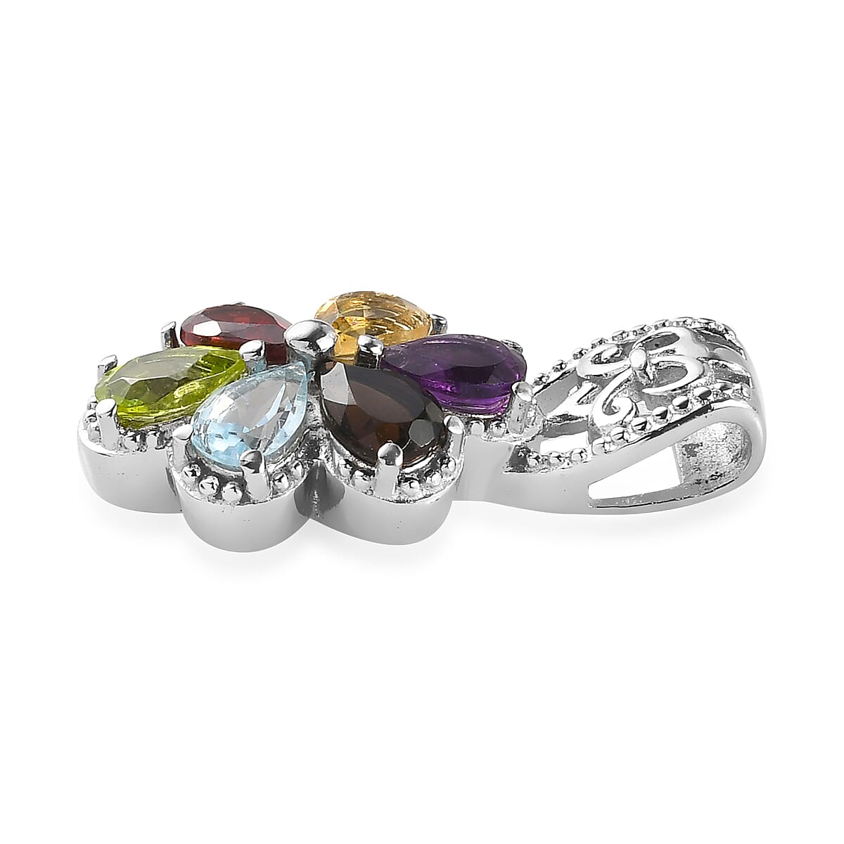 Multi Gemstone Floral Pendant in Stainless Steel 2.85 ctw , Tarnish-Free, Waterproof, Sweat Proof Jewelry image number 3