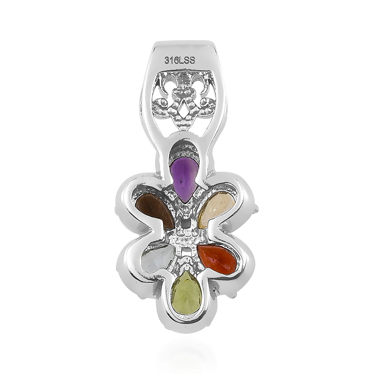 Multi Gemstone Floral Pendant in Stainless Steel 2.85 ctw , Tarnish-Free, Waterproof, Sweat Proof Jewelry image number 4