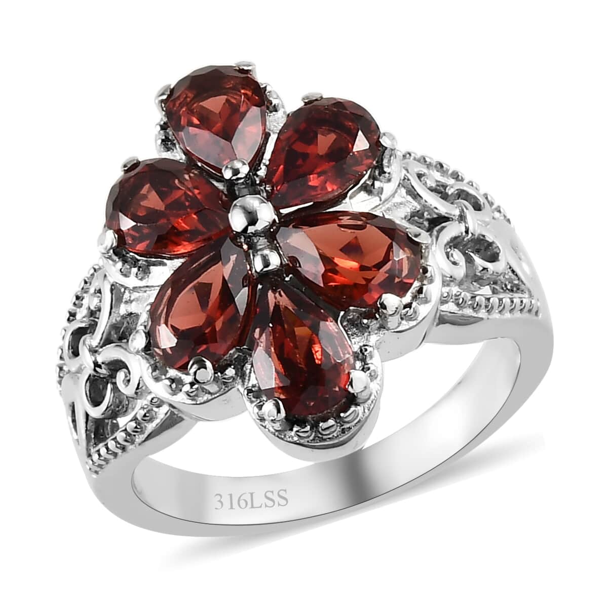 Mozambique Garnet Floral Ring in Stainless Steel 2.90 ctw image number 0