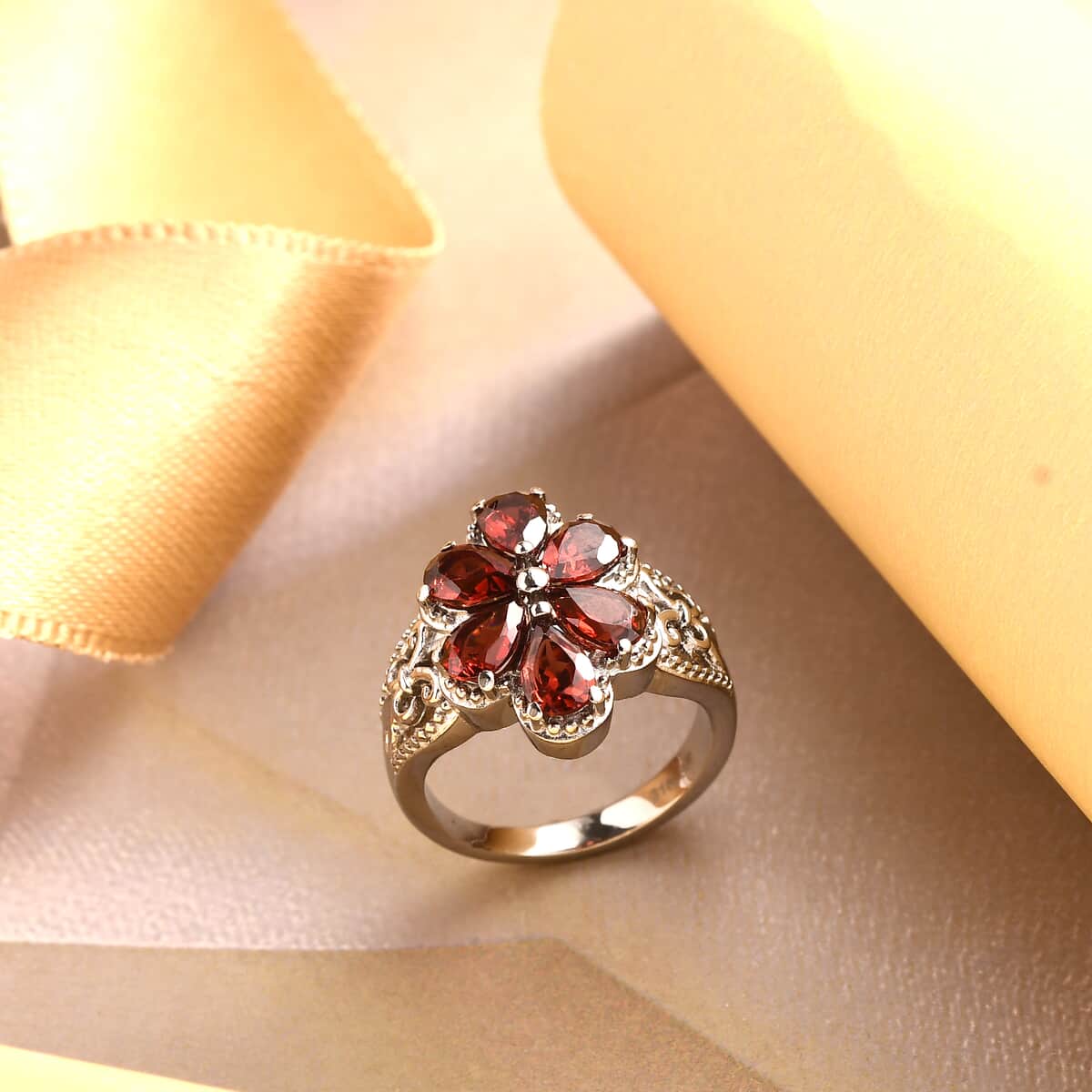 Mozambique Garnet Floral Ring in Stainless Steel 2.90 ctw image number 1