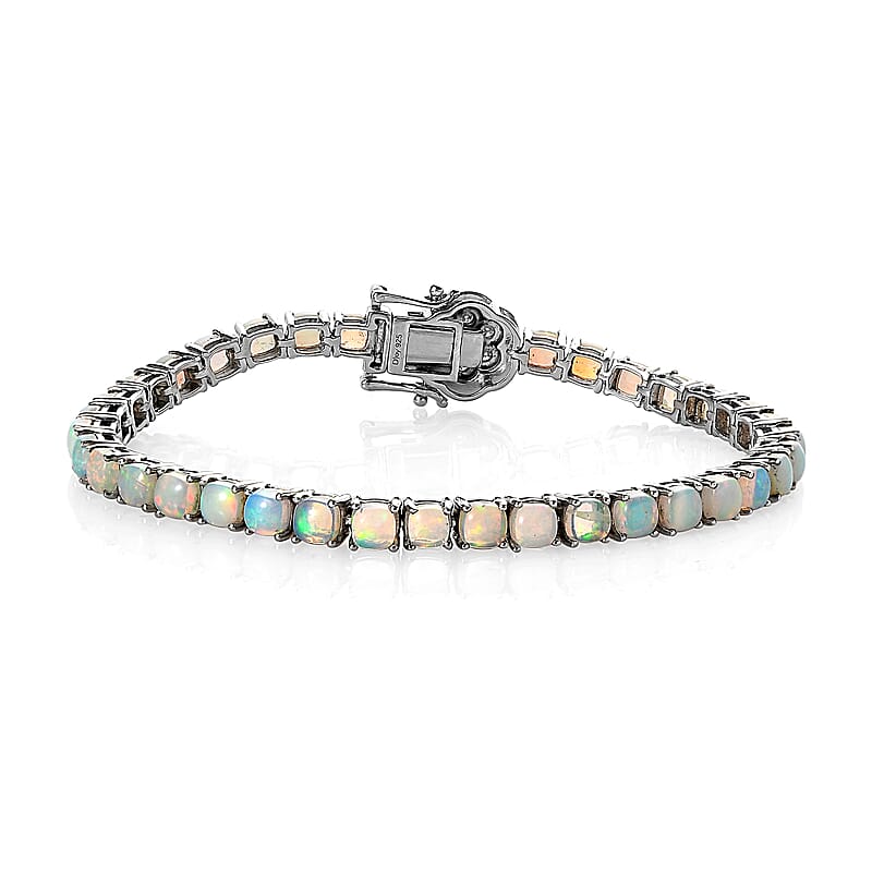 Ethiopian Welo Opal and Moissanite Tennis Bracelet in Platinum Over Sterling Silver (7.25 In) 9.10 ctw