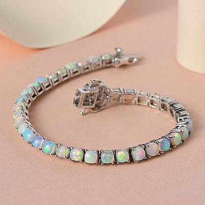 Ethiopian Welo Opal and Moissanite Tennis Bracelet in Platinum Over Sterling Silver (7.25 In) 9.10 ctw