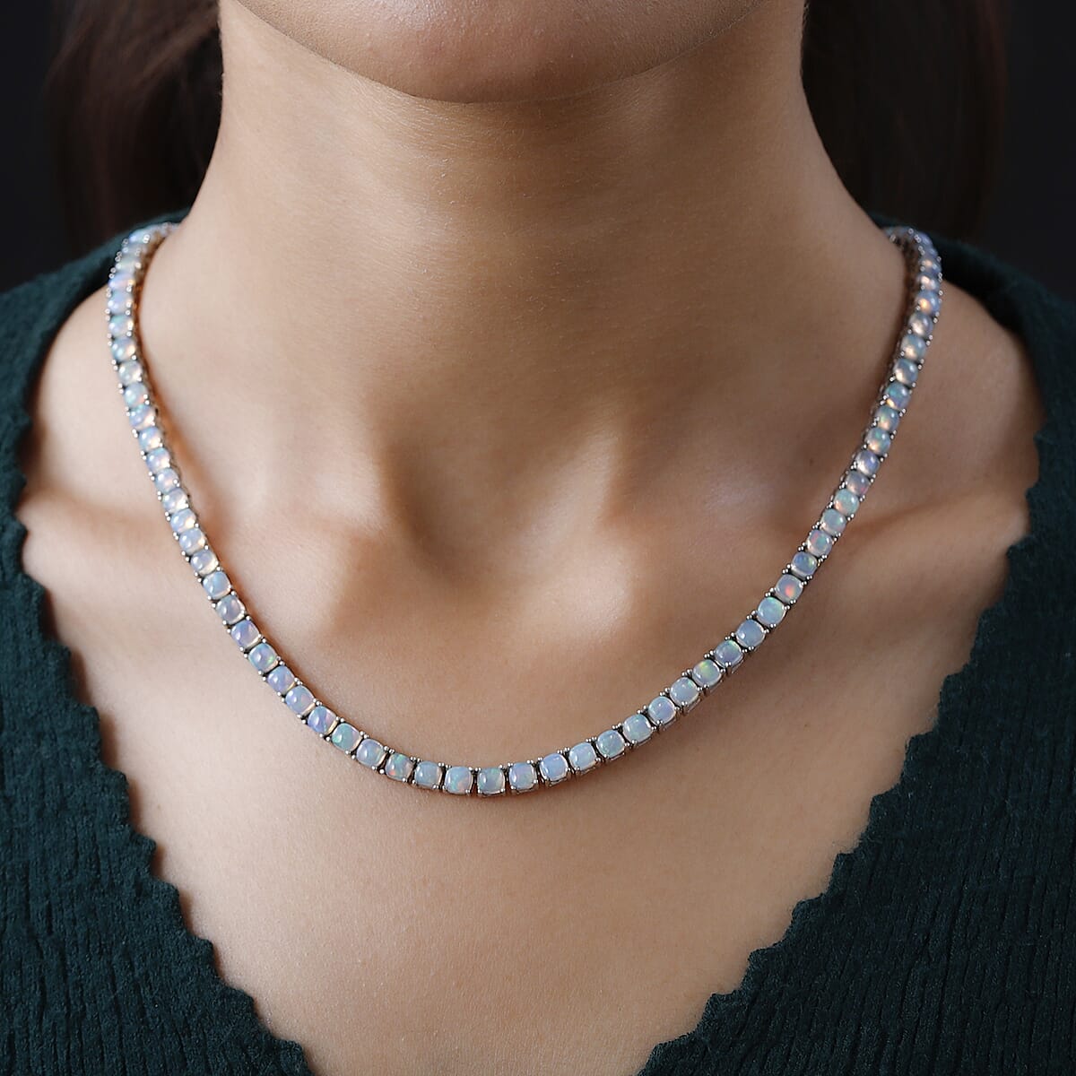 Ethiopian Welo Opal and Moissanite Tennis Necklace 18 Inches in Platinum Over Sterling Silver 24.20 ctw image number 2