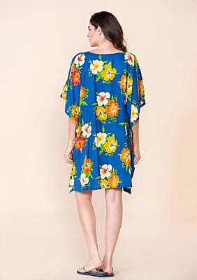 Tamsy Blue Floral Print Staple Kaftan - One Size Fits Most