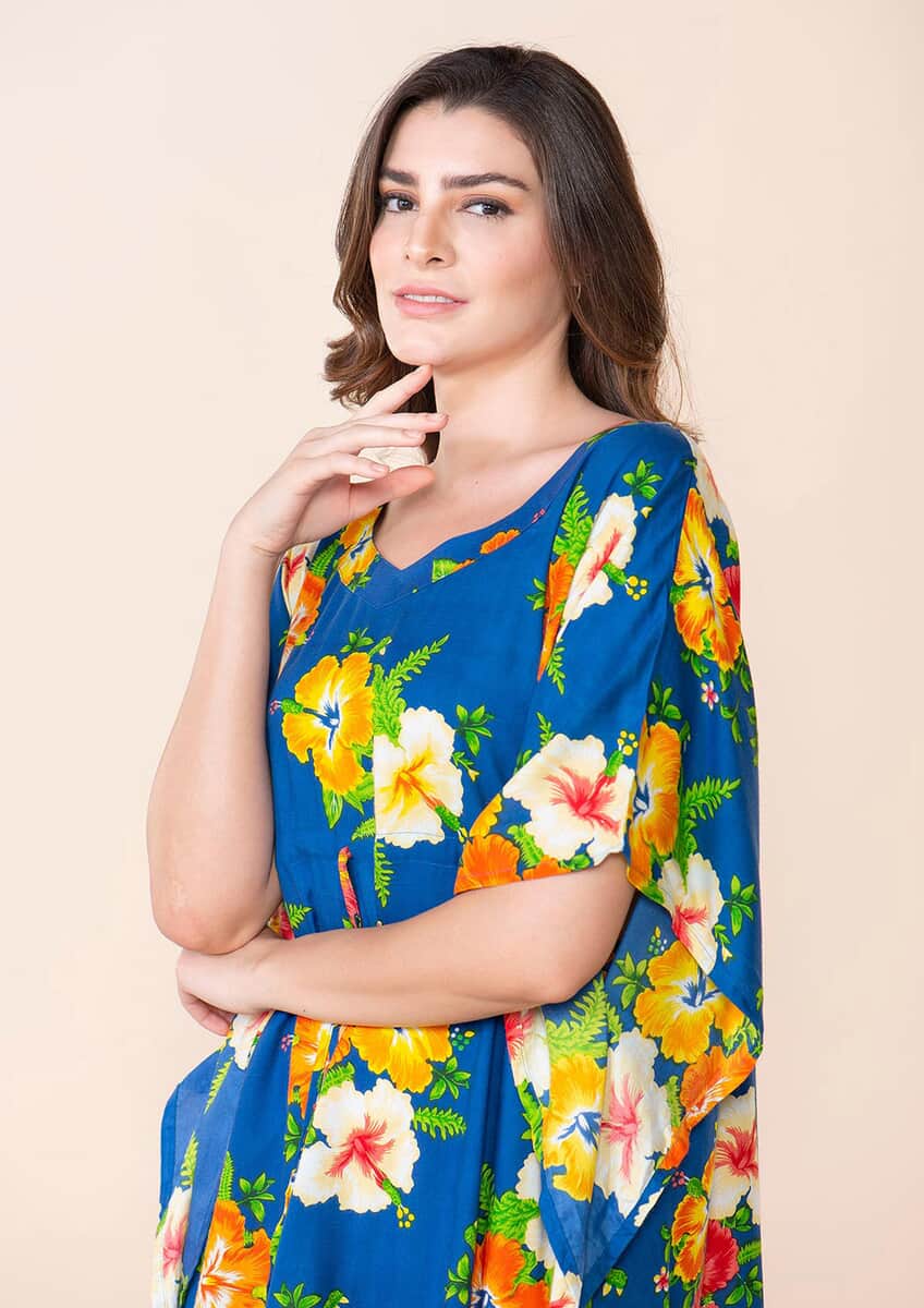 TAMSY Blue Floral Print Staple Kaftan - One Size Fits Most image number 4