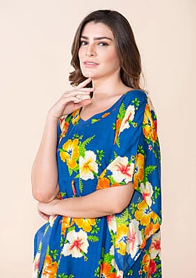 Tamsy Blue Floral Print Staple Kaftan - One Size Fits Most