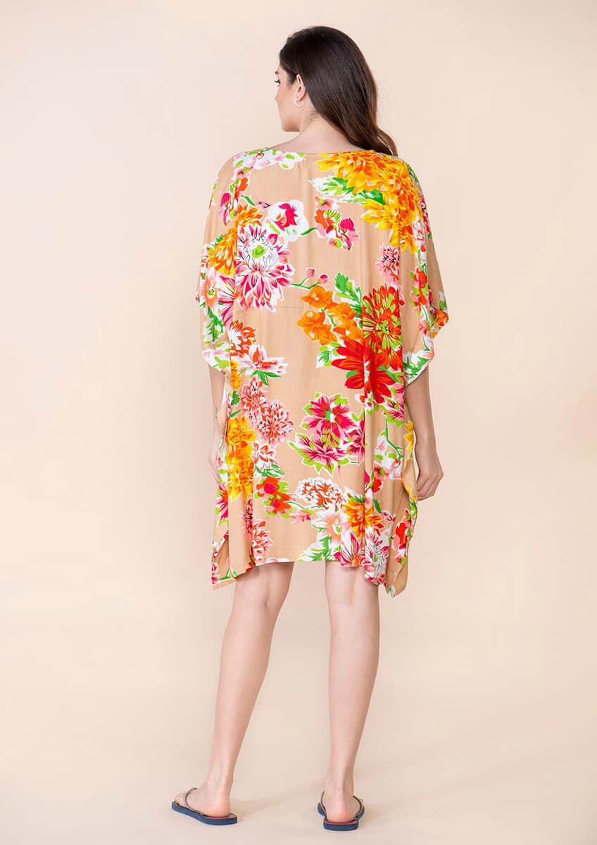 Tamsy Beige Floral Print Staple Kaftan - One Size Fits Most image number 1