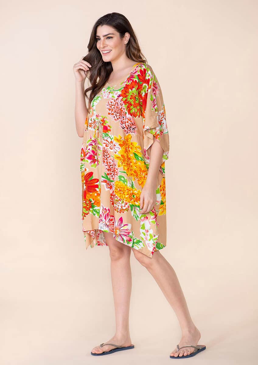 Tamsy Beige Floral Print Staple Kaftan - One Size Fits Most image number 3