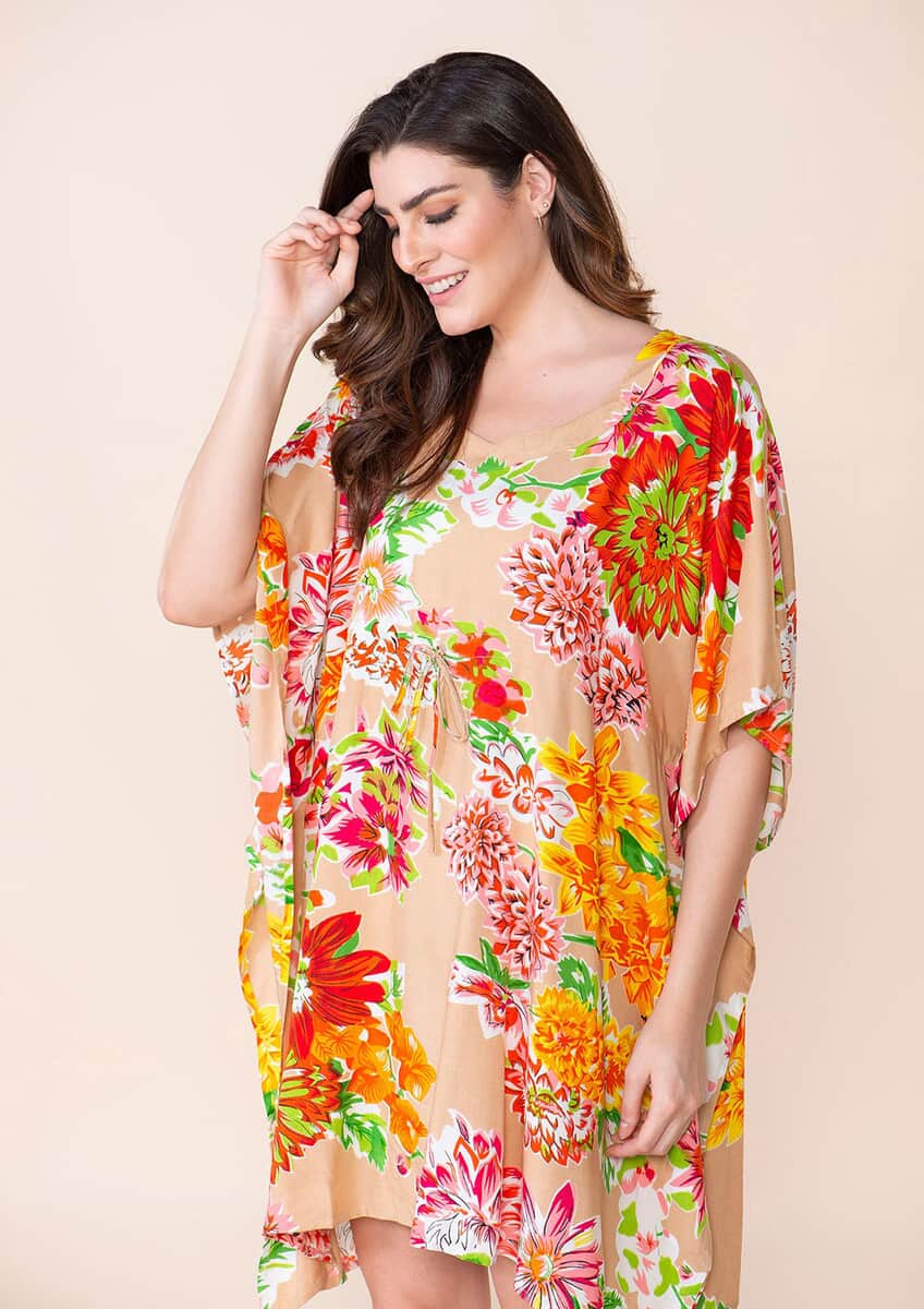 Tamsy Beige Floral Print Staple Kaftan - One Size Fits Most image number 4