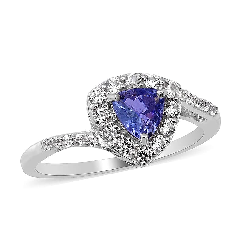Tanzanite and Natural White Zircon Bypass Halo Ring in Platinum Over Sterling Silver (Size 10.0) 1.10 ctw
