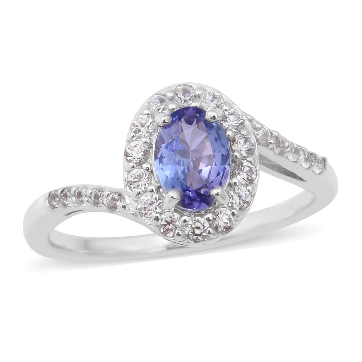 Tanzanite and Natural White Zircon Bypass Halo Ring in Platinum Over Sterling Silver (Size 8.0) 1.25 ctw image number 0