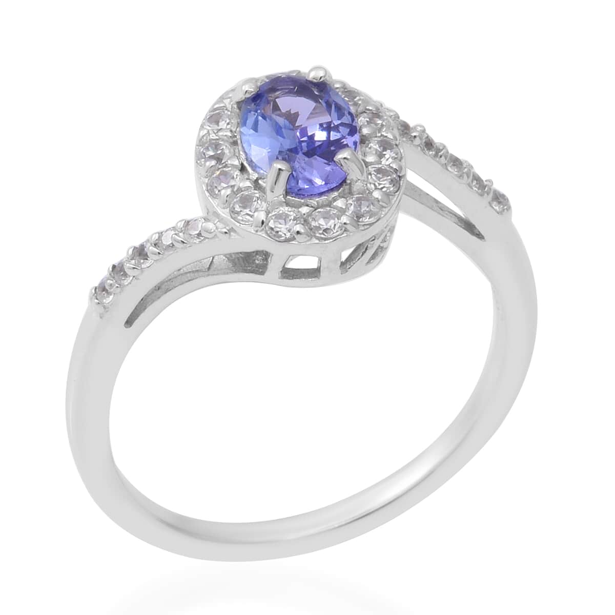 Tanzanite and Natural White Zircon Bypass Halo Ring in Platinum Over Sterling Silver (Size 8.0) 1.25 ctw image number 2
