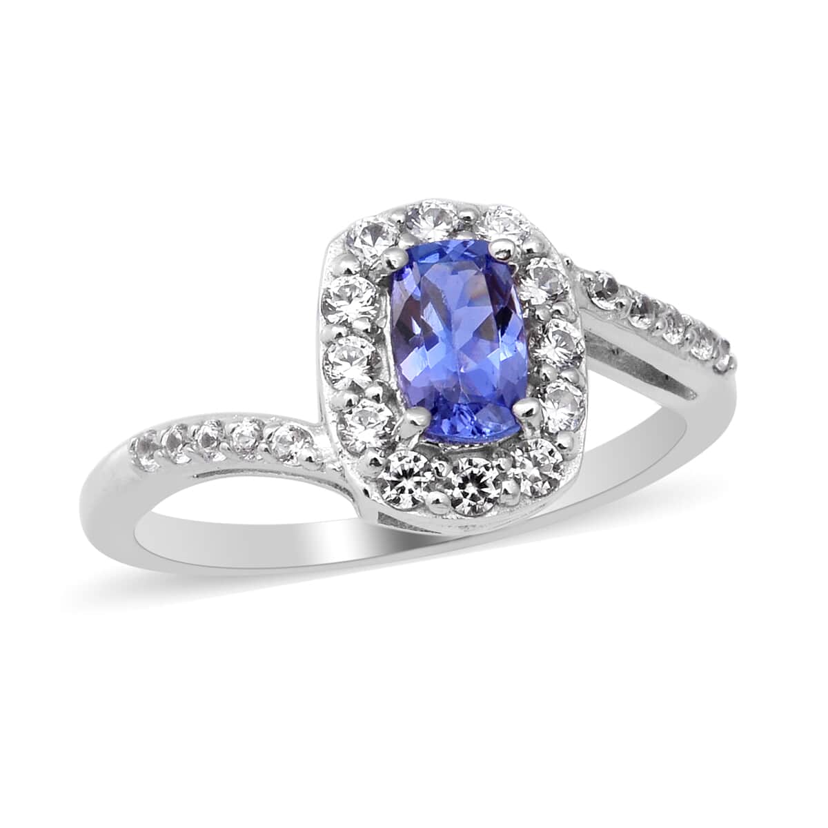 Tanzanite and Natural White Zircon Bypass Halo Ring in Platinum Over Sterling Silver (Size 9.0) 1.10 ctw image number 0