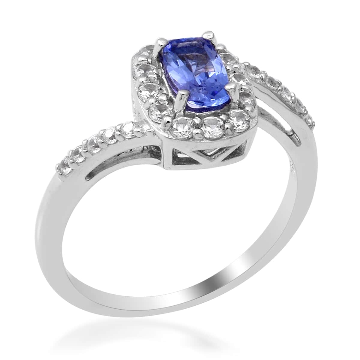 Tanzanite and Natural White Zircon Bypass Halo Ring in Platinum Over Sterling Silver (Size 9.0) 1.10 ctw image number 2