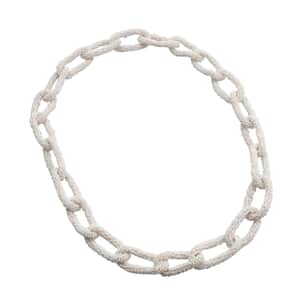 White Seed Beaded Paper Clip Link Necklace 28 Inches