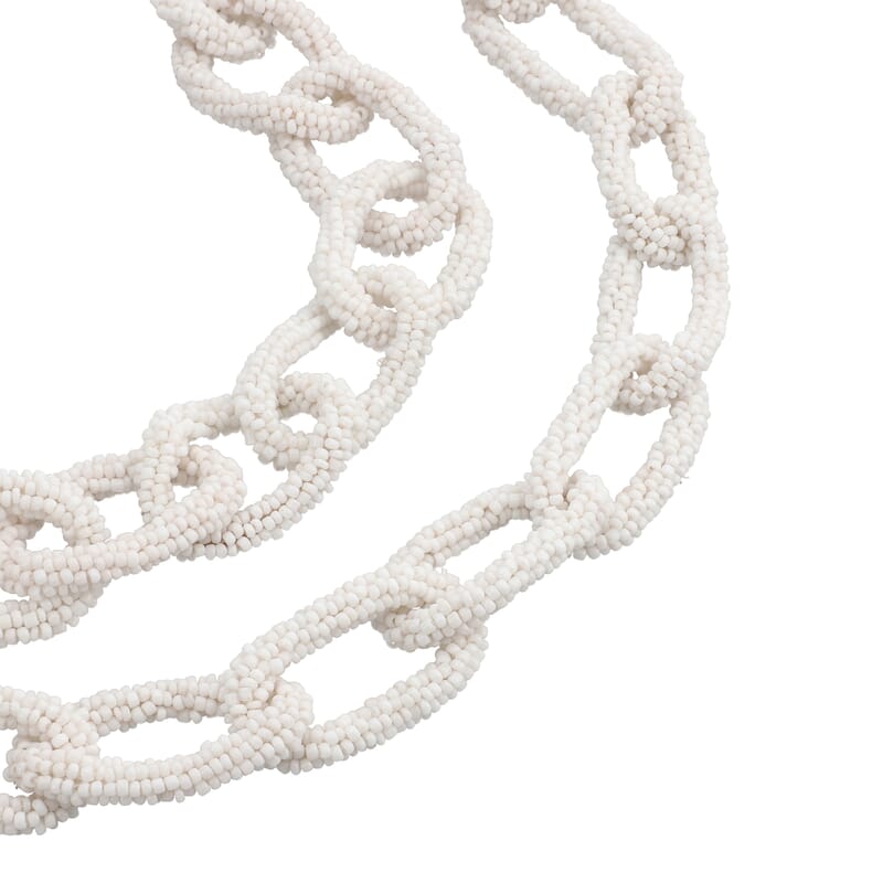 White Seed Beaded Paper Clip Link Necklace 28 Inches