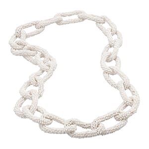 White Seed Beaded Paper Clip Link Necklace 28 Inches