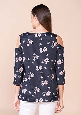 Tamsy Black 100% American Crepe Cold Shoulder Top - L