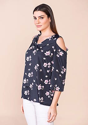 Tamsy Black 100% American Crepe Cold Shoulder Top - L
