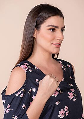 Tamsy Black 100% American Crepe Cold Shoulder Top - L