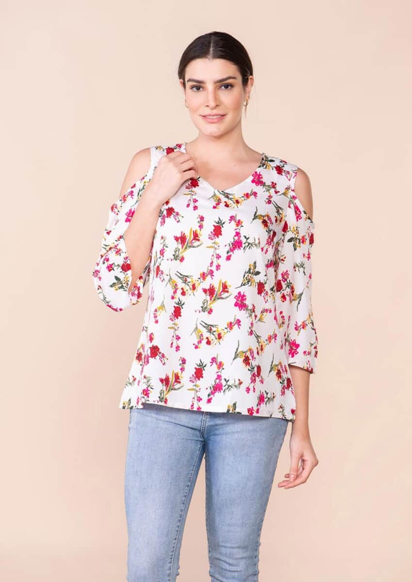 Tamsy White 100% American Crepe Cold Shoulder Top - L image number 2