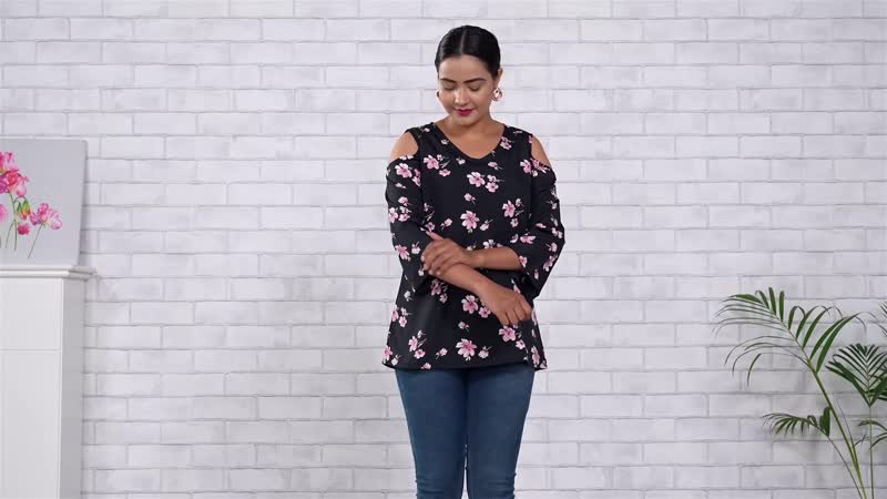 TAMSY Black 100% American Crepe Cold Shoulder Top - L
