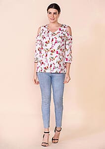 Tamsy White 100% American Crepe Cold Shoulder Top - M