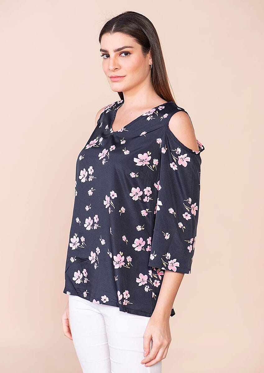 Tamsy Black 100% American Crepe Cold Shoulder Top - S image number 2