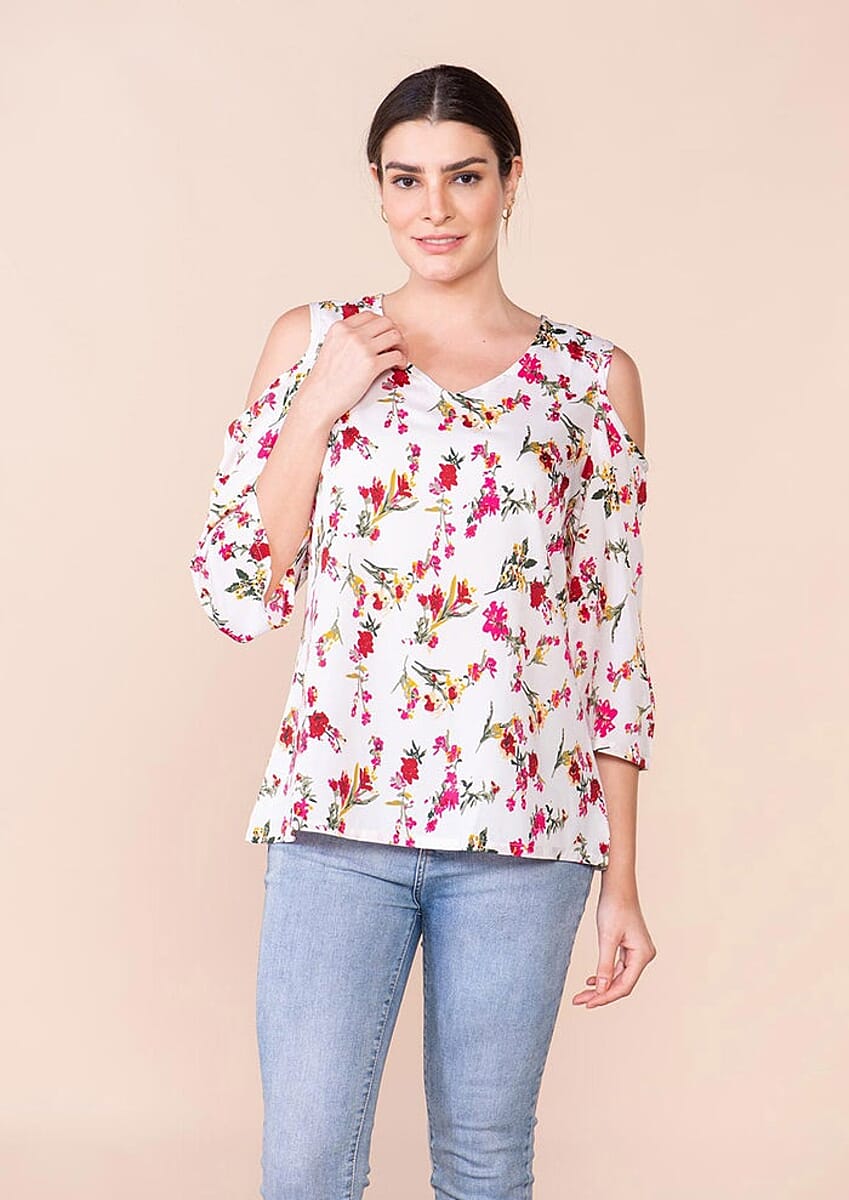 Tamsy White 100% American Crepe Cold Shoulder Top - 2X image number 2