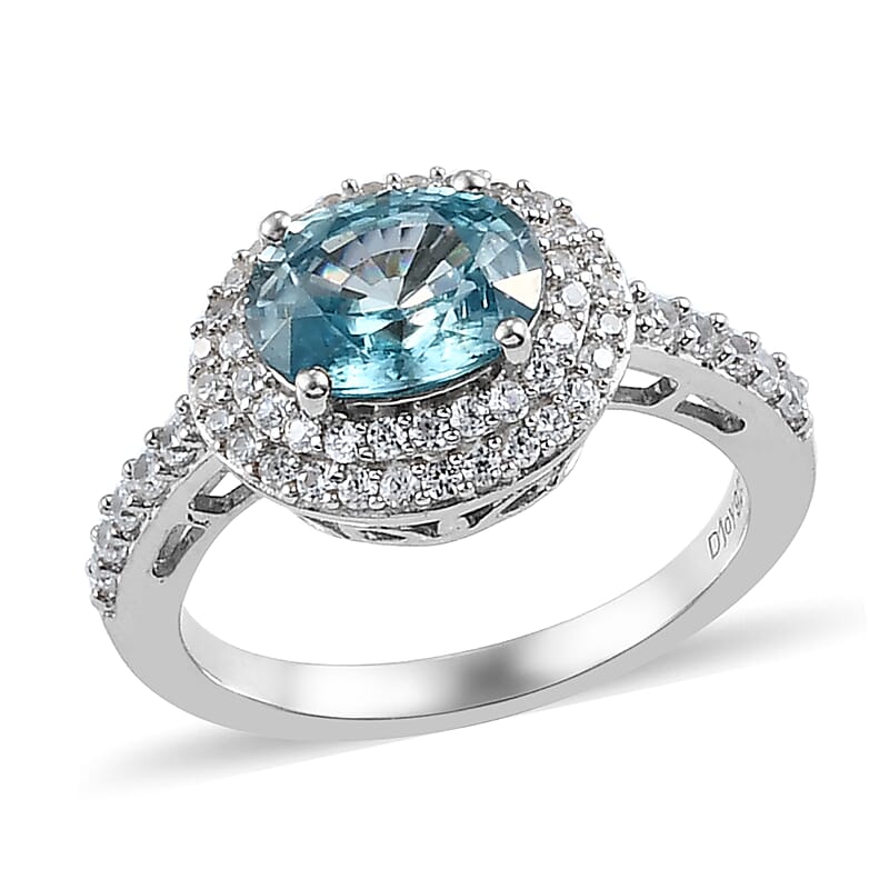 Cambodian Blue Zircon and Natural White Zircon Double Halo Ring in Sterling Silver (Size 10.0) 2.55 ctw