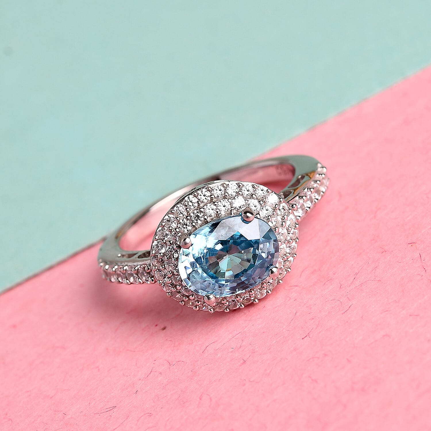 Cambodian Blue Zircon and Natural White Zircon Double Halo Ring in Sterling Silver (Size 10.0) 2.55 ctw